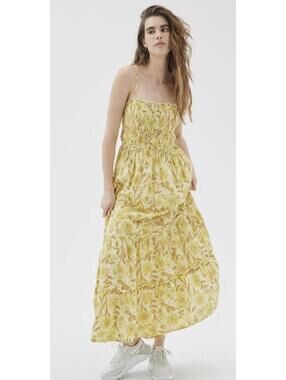 Urban Outfitters Small Athena Smocked Midi Dress Yellow Floral 100% Cotton